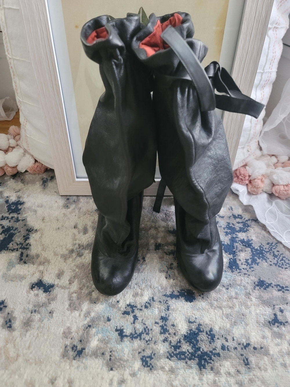 Marc By Marc Jacobs Black Leather Drawstring Ruched High-Heel Boots, Size 38